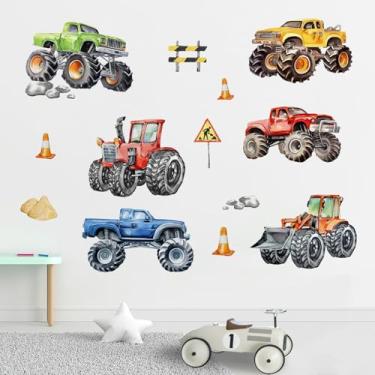 Imagem de Yovkky Adesivos de parede Monster Trucks, veículos de construção, escavadeira, decoração de berçário, placa de aviso de bloqueio de estrada, decoração de casa, meninos e crianças, quarto de jogos,