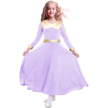 Imagem de TLMNU Vestido de dança para meninas louvor ouro metálico adoração litúrgica igreja robe comprimento total swing fantasia lírica, roxo claro etiqueta 130,7-8 anos