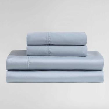 Imagem de Calvin Klein - Conjunto de lençóis, roupa de cama luxuosa de cetim rico em algodão, brilho refinado, design moderno (Rekoop Wellness Blue, King)