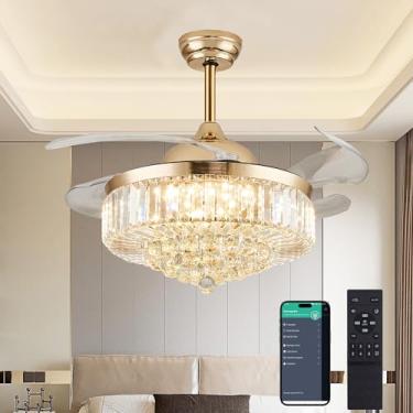 Imagem de DuMaiWay Ventilador De Teto De Cristal Regulável De 36" Com Luz, Ventilador De Teto, Ventilador De Lustre Com 4 Lâminas Retráteis, Controle Remoto De Aplicativo Led Para Sala De Estar, Quarto, Sala
