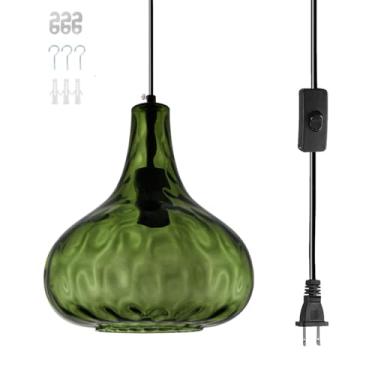 Imagem de Qufute Luminária Pendente Vintage Plug-In, Luminária Pendente Moderna De Meados Do Século Com Cabo De 14,7 Pés, Cúpula De Vidro Verde Martelado, Luminária Suspensa Retrô Plug-In Para Quarto E Sala D