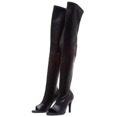 Imagem de Roimaash Mulheres Burju Dance Heels Coxa Botas Altas Salto Agulha Peep Toe Botas De Verão Acima Do Joelho Macio Elástico Pole Dance Botas Longas Preto Envernizado Tamanho 40