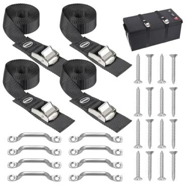 Imagem de EXVITAL Kit de fixação de alça de fixação de bateria, kit de amarração térmica de 2,5 cm x 122 cm com fivela de câmera não enferrujada, suporte de aço inoxidável e parafusos SS para bateria RV, cinto