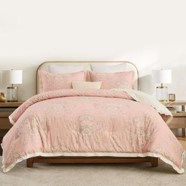 Imagem de Quilta Jogo de edredom king de algodão de bambu, vintage, damasco marinho, com estampa floral, enchimento de edredom ultramacio, quente, conjunto de cama com 2 fronhas, azul marinho/marrom