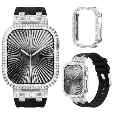 Imagem de NewWays Pulseira feminina de silicone para Apple Watch Série 10 Série 10 de 46 mm, design de luxo, diamantes brilhantes de 2 fileiras com adaptadores de metal para S10 iWatch