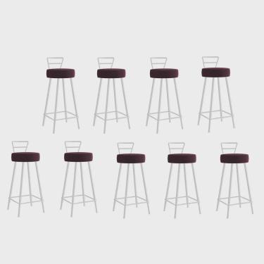 Imagem de Kit 09 Banqueta Alta Com Encosto Tina Eiffel Cozinha Bar Bistrô Ferro Branco Suede Bordô - Ahazzo Móveis