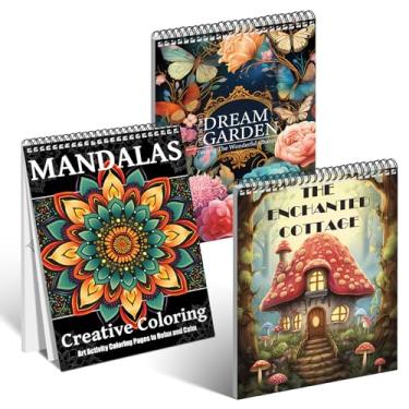 Imagem de 3 livros de colorir para adultos para adultos livro de colorir para mulheres encadernado em espiral impresso em um lado (mandala criativa para colorir e jardim dos sonhos e casa de campo encantada)
