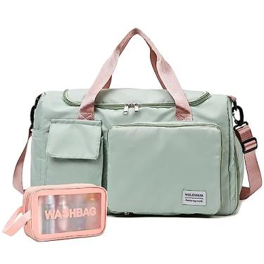 Imagem de Bolsa de viagem, bolsa de viagem dobrável de grande capacidade, bolsa de ginástica esportiva com bolso molhado e compartimento para sapatos, bolsa de viagem dobrável, bolsa noturna de fim de semana para mulheres e homens, Verde + necessaire, Bolsa esportiva