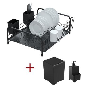 Imagem de Kit Cozinha Escorredor Tubular Preto + Lixeira 5,4l+ Dispenser