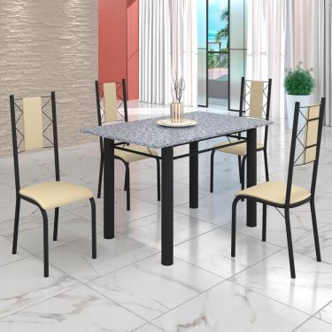 Imagem de Conjunto Sala De Jantar Bahia Mesa Tubo 120x75cm Tampo Pedra Granito Ocre Com 4 Cadeiras Creme-preto