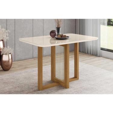 Imagem de Mesa De Sala Jantar Natalí Sc73 + Tampo Madeirado Vidro Curvo 120x80cm Nature-off White - Henn