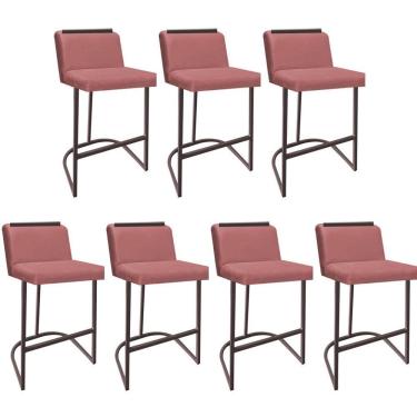 Imagem de Kit 07 Banquetas Com Encosto Confort Bistrô Cozinha Ferro Marrom Suede Rose Gold Amey Decor