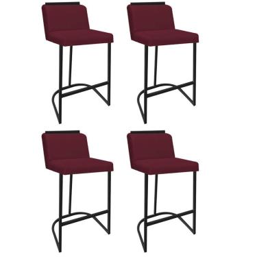 Imagem de Kit 04 Banquetas Com Encosto Nynna Luxo Confort Bistrô Cozinha Ferro Preto Suede Bordô - Amey Decor