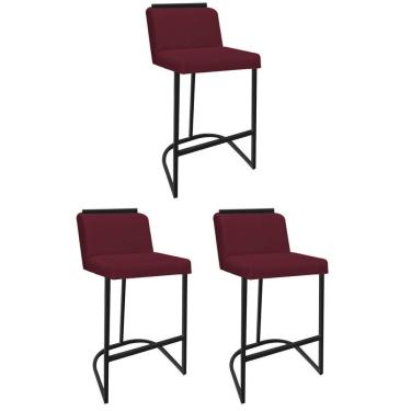 Imagem de Kit 03 Banquetas Com Encosto Nynna Luxo Confort Bistrô Cozinha Ferro Preto Suede Bordô - Amey Decor