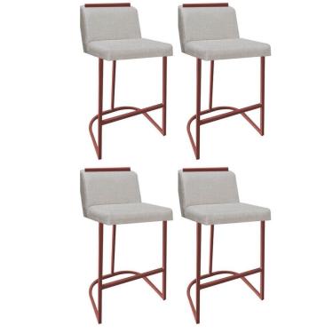 Imagem de Kit 04 Banquetas Com Encosto Nynna Luxo Confort Bistrô Cozinha Ferro Bronze Linho Bege - Amey Decor