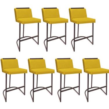 Imagem de Kit 07 Banquetas Com Encosto Confort Bistrô Cozinha Ferro Marrom Suede Amarelo Amey Decor