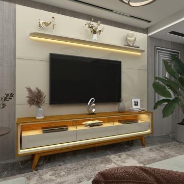 Imagem de Rack Com Painel Para Tv Até 85 Polegadas Led 3 Gavetas Com Pés Madeira 220cm Royal/requinte Off White/naturale-off