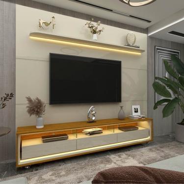 Imagem de Rack Com Painel Para Tv Até 85 Polegadas Led 3 Gavetas Com Rodízios 220cm Royal/requinte Off White/naturale-off White