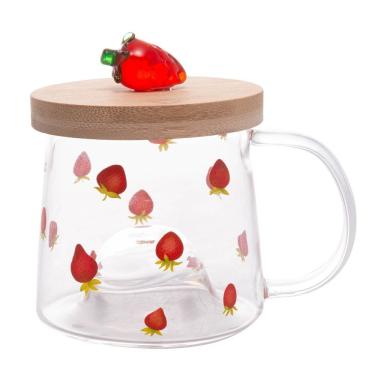 Imagem de Caneca De Vidro Borossilicato Com Pires De Bambu Morango 330ml 5707 - Lyor