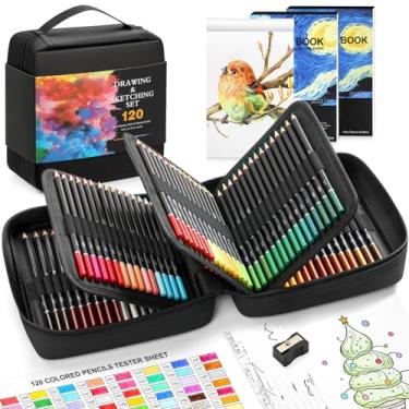 Imagem de Pacote com 120 lápis de cor para livros de colorir para adultos, lápis de cor à base de óleo de núcleo macio com caderno de esboços, livro de cores, materiais de arte com estojo com zíper, presentes