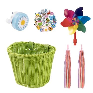 Imagem de Little World Cesta De Bicicleta Infantil, Acessórios Frontal Para Meninos E Meninas, Tecido Com Adesivos, Sino, Moinho Vento 1 Par Fitas Coloridas Borlas (Cesta Verde)