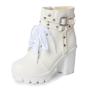 Imagem de MEOTINA Botas Plataforma Femininas, Bota De Combate Gótica, Salto Grosso, Branca Até O Tornozelo Com Zíper, Sapatos Punk Góticos