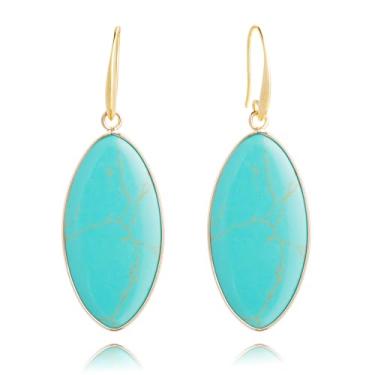 Imagem de Brincos de gota turquesa natural, brincos ovais alongados de ouro, joias pendentes de turquesa para mulheres, brincos de pedra preciosa feitos à mão, Large, Cristal Pedra Pedra preciosa, Ametista