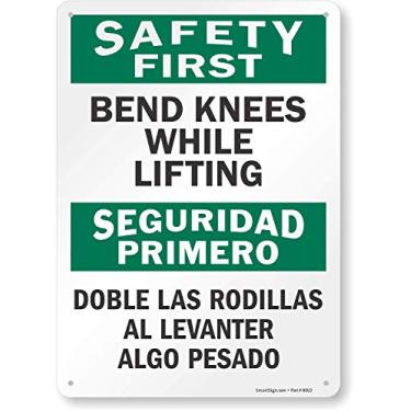 Imagem de SmartSign "Safety First: Dobre os joelhos ao levantar", bilíngue, placa de alumínio, 35,56 cm x 25,4 cm