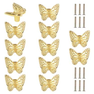 Imagem de UFURMATE Puxador de gaveta de 12 peças, puxadores de liga de zinco, puxadores antigos, puxadores de armário de móveis de orifício único com parafusos para gaveta, armário (borboleta dourada)