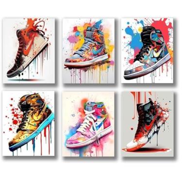 Imagem de SYCART® - Pôster de tênis Hypebeast, conjunto de 6 UNFRAMED 20 x 25 cm, arte de parede Air Jordan, decoração de parede de sapatos Air Jordan, pôster de tênis Hypebeast para quarto, estampa de sapato