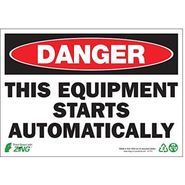 Imagem de Zing Placa de segurança Green Products 1115 de plástico reciclado "Danger Equipment Starts Automatically", 25,4 cm de comprimento, 17,8 cm de largura