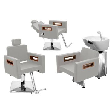 Imagem de Kit Salão de Beleza 1 Cadeira Fixa + 1 Reclinável Quadrada + 1 Lavatório Base Inox Tunísia