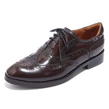 Imagem de Mona flying Sapato feminino de couro perfurado com cadarço Oxfords Brogue Wingtip para mulheres, Vinho preto, 36