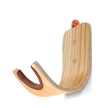 Imagem de [Atualizado] Suporte de parede para guitarra de madeira compensada com compartimento para palhetas na parte superior, design moderno e exclusivo cabide de guitarra para baixo, guitarras elétricas acústicas, ukulele, violino, banjo, suporte de skate (carvalho)