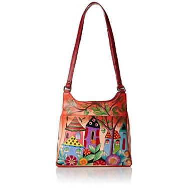 Imagem de Anna by Anuschka Bolsa feminina de couro pintado à mão com compartimento triplo, Village of Dreams, One Size