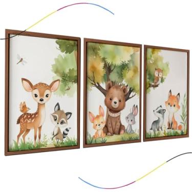 Imagem de Quadro Decorativo Infantil, Animais da Floresta, 3 Peças, Arte em Aquarela com Moldura Marrom