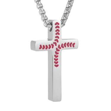 Imagem de Kvekstio Colar de cruz de beisebol presente para adolescentes, joias masculinas de fé cristã, presente esportivo de beisebol para fãs de jovens jogadores, Medium, Aço inoxidável, Sem Pedra Preciosa