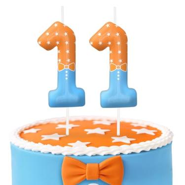 Imagem de Velas de aniversário número 11 azul laranja, topo de bolo com tema de desenho animado para decoração de bolo para meninos e meninas, decorações de aniversário, suprimentos de festa, velas numéricas