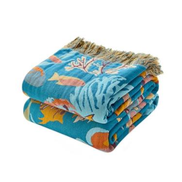 Imagem de LUTBM Cobertor para cama 100% algodão cobertores para quarto sala de estar tamanho solteiro todas as estações subaquático vida oceano bordado colcha para sofá, decoração de casa costeira 152 x 203 cm