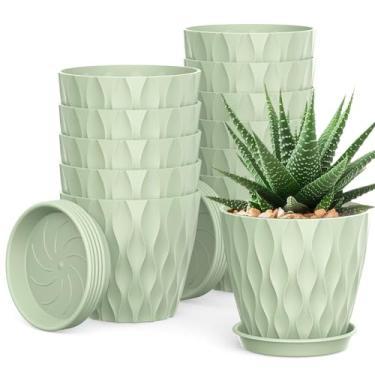 Imagem de UOUZ Pacote com 12 vasos de plantas pequenos de 10 cm com pires, vasos de plástico de textura waffle com orifícios de drenagem para plantas internas e externas, flores, ervas, suculentas e mudas