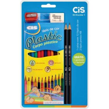 Imagem de Kit Escolar 1 Caixa com 12 Lápis de Cor 2 Lápis HB 1 Borracha e 1 Apon