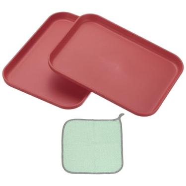 Imagem de PATIKIL Bandeja de plástico de 19 x 14 cm, pacote com 2 pratos retangulares, pequena bandeja de comida, pratos de trigo, bandejas de prato de sobremesa reutilizáveis com pano para bolo, frutas, salada
