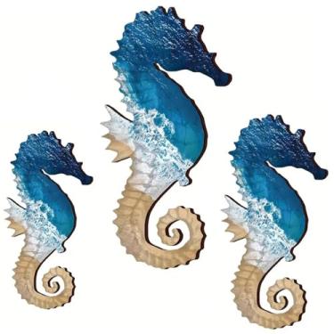 Imagem de Decoração de cavalo marinho 3 peças padrão de praia cavalo marinho decoração de parede costeira de madeira 3 tamanhos peixe para casa praia casa cerca peixe