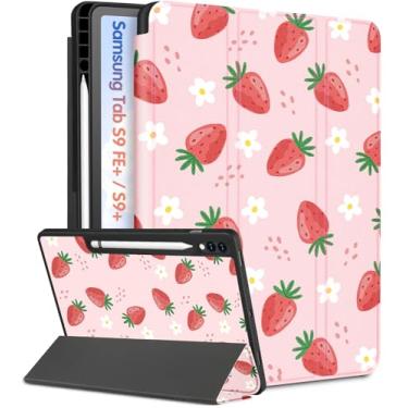 Imagem de Wazzasoft Capa para Samsung Galaxy Tab S9 Plus/FE Plus - Linda capa fólio feminina com suporte para lápis, morango, 12,4
