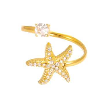 Imagem de Anel de estrela do mar CZ banhado a ouro de aço inoxidável aberto ajustável anel empilhável zircônia cúbica surfista praia mar estrela boho moda verão declaração aliança de casamento delicada joia