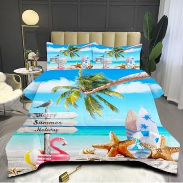 Imagem de CCoutueChen Conjunto de edredom Havaí, tamanho Queen, mar, praia, macio, com 2 fronhas, 3 peças, edredom macio e leve de verão para decoração de quarto