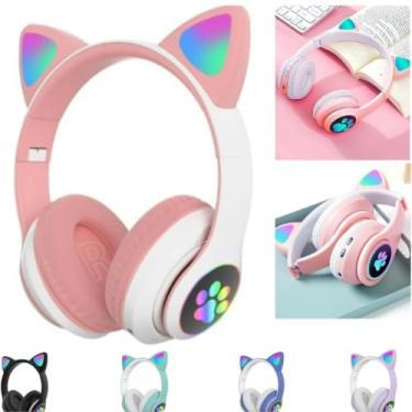 Imagem de Fone De Ouvido Com Orelha de Gatinho Infantil Headphone Bluetooth com Luzes RGB nas orelhinhas e patinhas para crianças tamanho ajustável dobrável (Rosa/Branco)