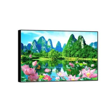 Imagem de BMZFYBS Impressão em tela de paisagem - Montanha árvore lago lótus-natureza parede arte chinoiserie imagem - moldura preta decoração pôster 80x120cm31x47in