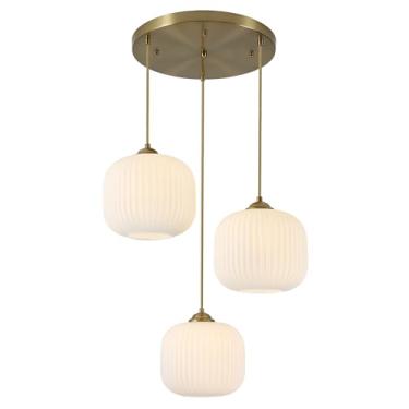 Imagem de Flyrose Lustre moderno de meados do século 3 luzes douradas globo cluster lustre antigo latão antigo ilha cozinha 3 luminárias penduradas no teto sala de jantar iluminação pendente