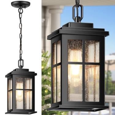 Imagem de VIANIS Luzes pendentes externas para varanda, preto fosco para pendurar ao ar livre com corrente ajustável, lustre externo moderno à prova d'água para porta da frente, lanternas de teto externas